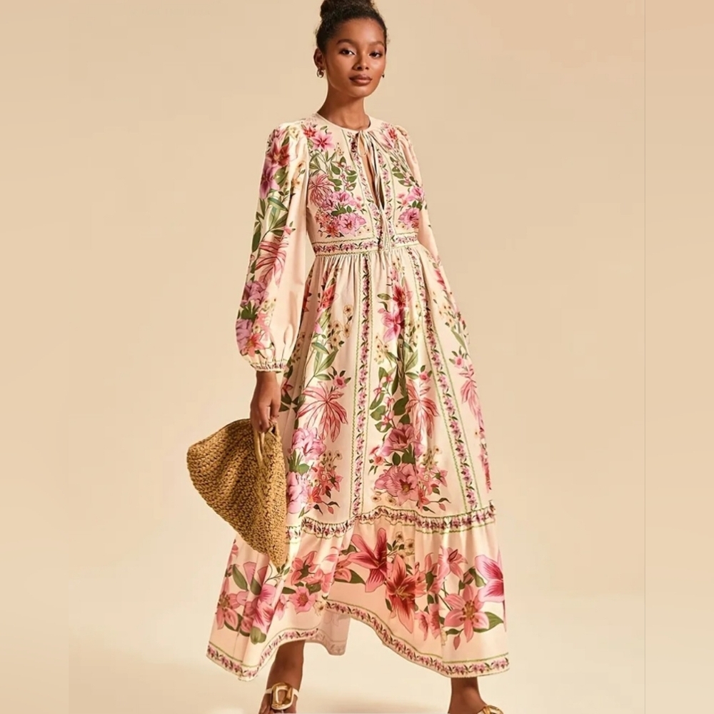 Floral Long Sleeve Maxi Dress in Cream and Pink - Picture 5 of 14